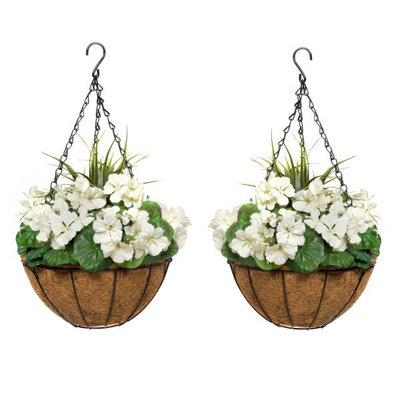 Greenbrokers 2X Artificial Round Coir Hanging Baskets With White Geraniums (Set Of 2) from B&Q