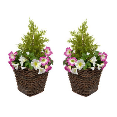 GreenBrokers Artificial Rattan Patio Planters With Pink & White Petunias & Cedar Topiary (Set Of 2) from B&Q