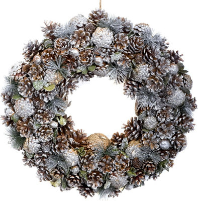 B&Q -  Premium Quality Christmas Hanging Wreath 48Cm- Festive Silver Display With Pine Cones