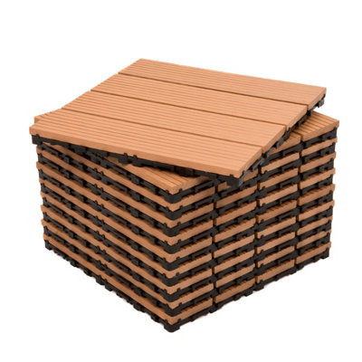 B&Q -  Pack Of 10Dekco Composite Wood Plastic Teak Decking Interlocking Tiles With Woodgrain Effect 30Cm X 30Cm