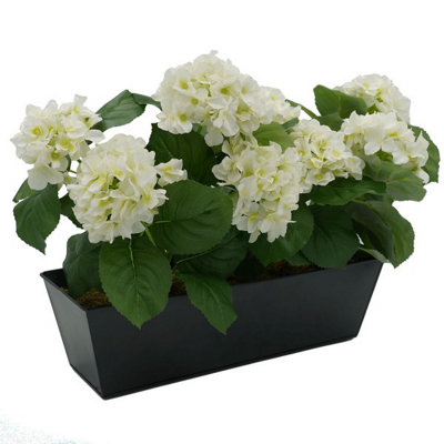 Greenbrokers White/Black Artificial Hydrangea Flower Bush In Tin Window Box (45Cm) With Nine Flower Clusters 45Cm