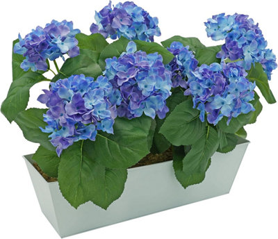 Greenbrokers Artificial Hydrangea Flower Bush In Tin Window Box (45Cm) With Nine Flower Clusters Blue/White