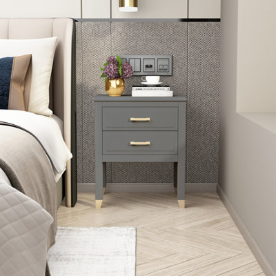 Palazzi 2 Drawer Bedside Table Grey Wood Gold Accents - Image 3