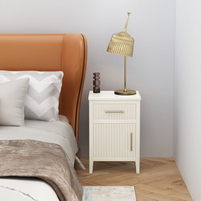 White Single Door Single Drawer Bedside Table - Pine Wood & Metal Accents - Image 3