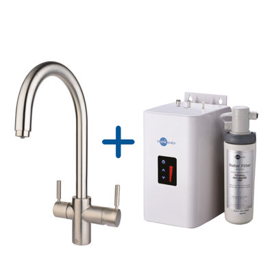 Insinkerator 3N1 Brushed Steel J Shape Instant Filtered Steaming Hot Water With Mains Hot & Cold Kitchen Mixer Tap from B&Q