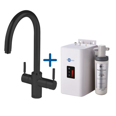Insinkerator 3N1 Velvet Black J Shape Instant Filtered Steaming Hot Water With Mains Hot & Cold Kitchen Mixer Tap from B&Q