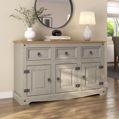 B&Q -  Corona Grey Sideboard 3 Door Solid Pine Mexican 3 Drawer Cupboard Description