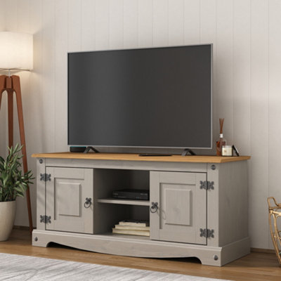 B&Q -  Corona Grey Flat Screen Tv Stand 2 Door Television Cabinet Solid Wood Pine Unit