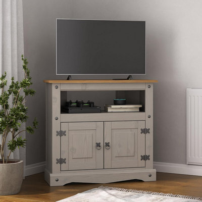 B&Q -  Corona Tv Stand Corner Grey Pine 2 Door Television Cabinet Solid Wood