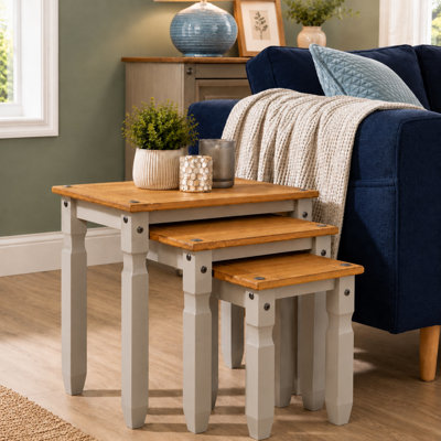 Mews Corona Nest Of Tables Pine Set Of 3 Occasional Side Tables Coffee Grey