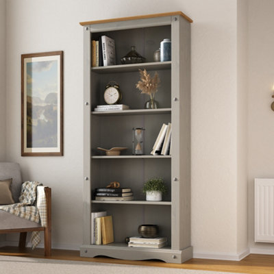 Mews Corona Tall Bookcase Mexican Solid Pine 5 Shelf Grey