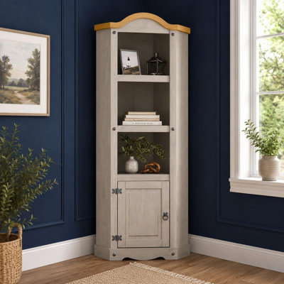 B&Q -  Corona Grey Corner Display Unit Bookcase Pine Cupboard 3 Book Shelves