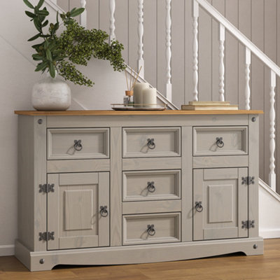 Corona Grey Sideboard 2 Door 5 Drawer, Solid Mexican Pine, W 125 cm x D 40 cm x H 76 cm - Image 4