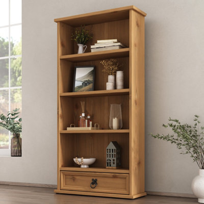 Mews Corona Waxed Pine Single Drawer 4 Open Shelf Bookcase - Image 3