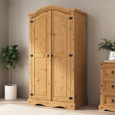 B&Q -  Corona 2 Door Wardrobe Arched Top Solid Pine Wood With Hanging Rail Shelf Mexican Waxed Bedroom