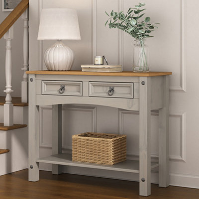 B&Q -  Corona Console Table Grey 2 Drawer Hall Mexican Solid Pine