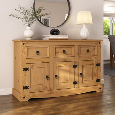 Mews Corona Waxed Pine 3 Door 3 Drawer Sideboard Brown - Image 3