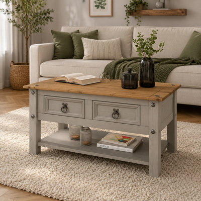 B&Q -  Corona Grey Coffee Table 2 Drawer Mexican Occasional Solid Pine Wood
