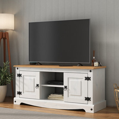 B&Q -  Corona Tv Stand White Flat Screen Television Entertainment Unit 2 Door Solid Pine Wood