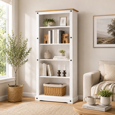 Corona White Tall Large Bookcase Mexican Solid Pine Wood with Whitewash Finish - Image 4