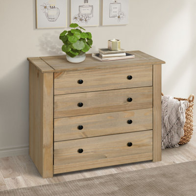 Mews Panama 4 Drawer Chest Of Drawers Solid Pine Wood Waxed Oak Finish