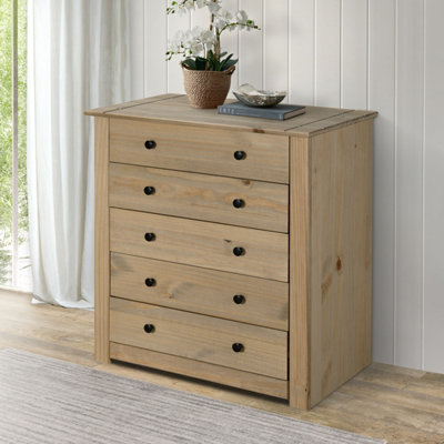 Mews Pine Wood 5 Drawer Chest - Brown - Oak Finish - Image 3