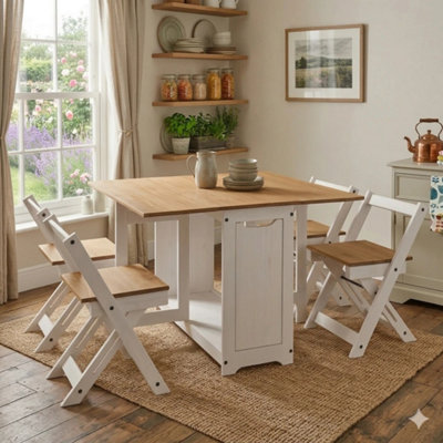 Mews White Corona Butterfly Dining Set Santos Seat Folding Drop Leaf Table Solid Mexican Pine Size 4