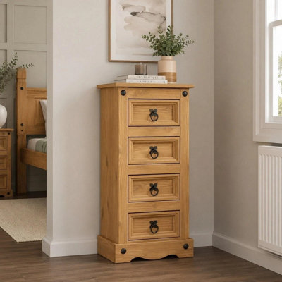 Mews Corona 4 Drawer Narrow Chest Bedside Table Cabinet Solid Pine Wood Tall Slim Storage Lamp Unit for Bedroom Hallway Living Room Mexican Style Furniture - Image 3