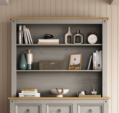 B&Q -  Corona Sideboard Hutch Top Grey Painted Solid Wood Pine Welsh Dresser Large Mexican Style