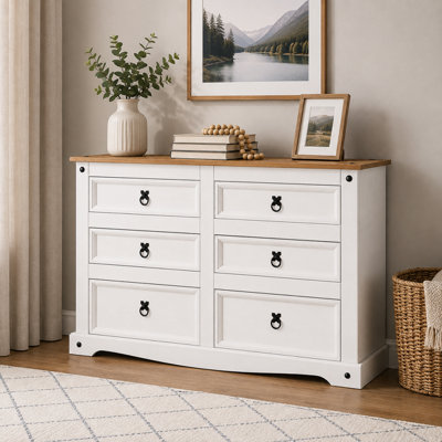 B&Q -  Corona White 6 Drawer Chest Of Drawers Sideboard Low 3+3 Solid Pine - Image 3