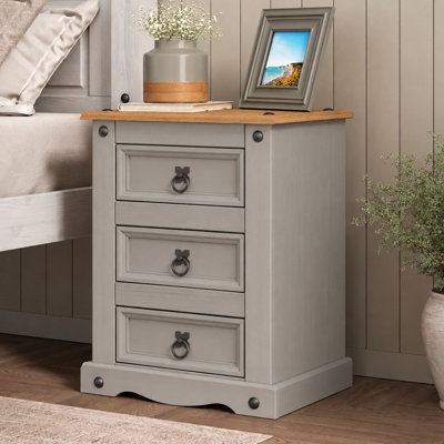 Mews Corona Grey 3 Drawer Bedside Table Cabinet Solid Pine Wood Painted Mexican Style - Image 3