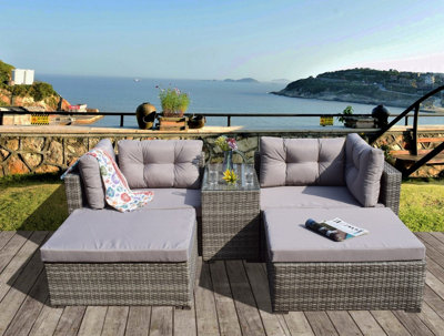  - Rattan Conservatory Garden Wicker Outdoor Sun Lounger Sofa Table Furniture Set Cube Corner Table Grey Dining