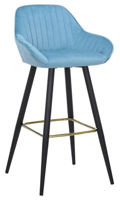 Lamboro Velluto Velvet Bar Stool With Footrest, Powder-Coated Finish Fixed Legs, Padded Seat, Backrest & Armrest, Pastel Gold/Black/Blue