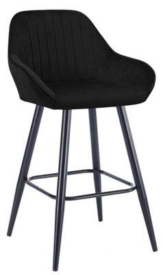 Lamboro Black Velluto Velvet Kitchen Bar Stool, Matt Fixed Height Legs With Footrest, Breakfast & Home Bar Stool Size 1