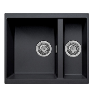 Austen & Co. Florence Inset & Undermount 1.5 Bowl Reversible Granite Kitchen Sink With Strainer & Over Flow Kit - Black