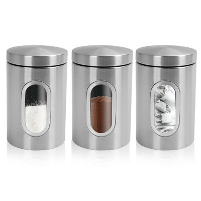B&Q -  3Pc Kitchen Canister Set Coffee Tea Sugar Caddy Clear Viewing Window Silver