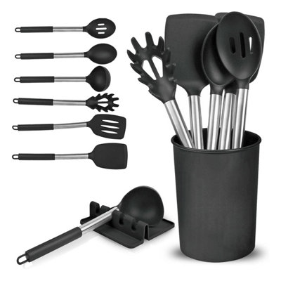  - 8 Piece Silicone Kitchen Utensil Set With Storage Bucket Black