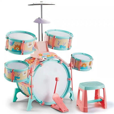 B&Q -  Kids Drum Kit With Musical Learning Cards & Stool Beginner Percussion Set Pink