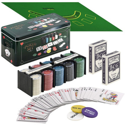 B&Q -  Poker Gaming Set In Metal Box 200 Pcs Casino With Mat 2 Card Decks Casino Chips