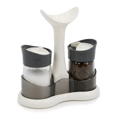 Geezy Salt & Pepper Cruet Shaker Set Glass Condiment Pots With Stand & Carry Handle from B&Q