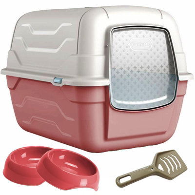 Cat Centre.Direct Cat Centre Pink Roto Litter Tray + 2 X Gusto Bowls 0.35L + Scoop from B&Q