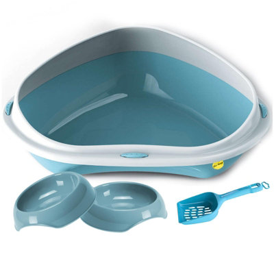 Cat Centre.Direct Cat Centre Jumbo Blue Corner Litter Tray With High Rim + 2 X Blue Gusto Bowls 0.2L + Blue Scoop from B&Q
