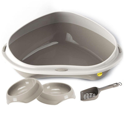 Cat Centre.Direct Cat Centre Large Grey Corner Litter Tray With High Rim + 2 X Grey Gusto Bowls 0.2L + Grey Scoop from B&Q