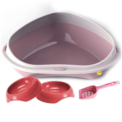 Cat Centre.Direct Cat Centre Jumbo Pink Corner Litter Tray With High Rim + 2 X Pink Gusto Bowls 0.2L + Pink Scoop from B&Q