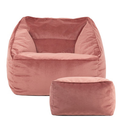 Icon Pink Natalia Velvet Adults Bean Bag Armchair And Pouffe, Ready Filled Beanbag And Footstool Dusk Large