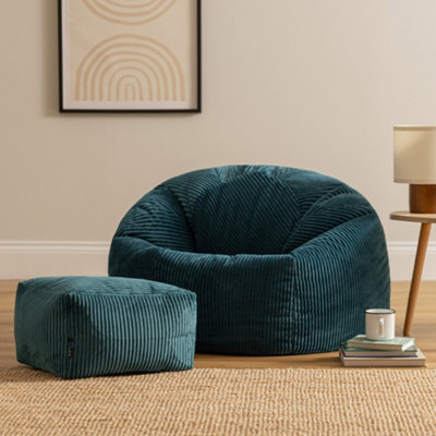 Icon Kingston Cord Adults Bean Bag Chair And Pouffe, Ready Filled Beanbag And Footstool Teal