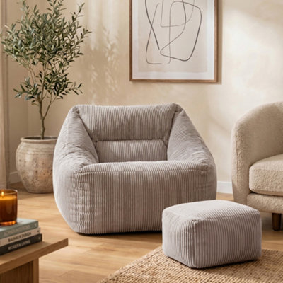 icon Natalia Large Beanbag And Pouffe Set Corduroy Light Grey