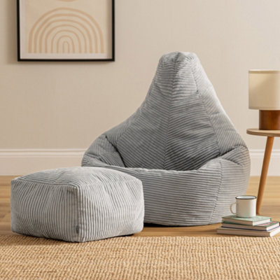 Icon Grey Dalton Cord Adults Bean Bag Recliner And Pouffe, Ready Filled Beanbag And Footstool