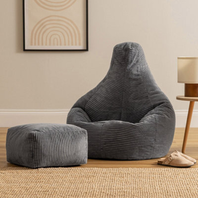 Icon Grey Dalton Cord Adults Bean Bag Recliner And Pouffe, Ready Filled Beanbag And Footstool