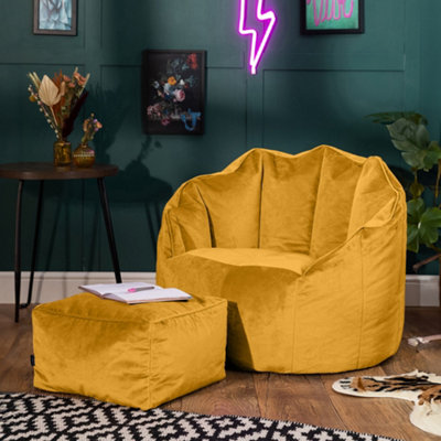 Icon Sirena Scallop Chair Bean Bag And Footstool Ochre Velvet Bean Bags Yellow